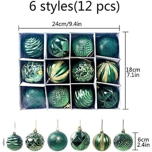 12 unidades de Bolas de Navidad Verdes 6 cm - Adornos de plástico colgantes para decoración de árbol, Decoraciones universales de vacaciones, Sin plumas - Bolas de árbol de Navidad