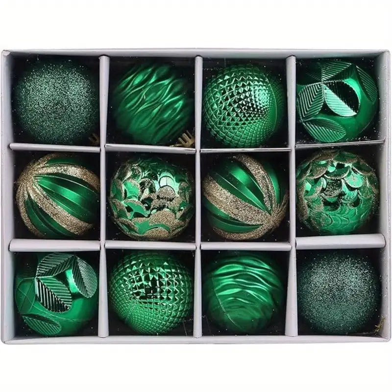 12 unidades de Bolas de Navidad Verdes 6 cm - Adornos de plástico colgantes para decoración de árbol, Decoraciones universales de vacaciones, Sin plumas - Bolas de árbol de Navidad